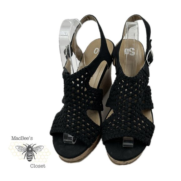 SO Taffy Wedge Heel Sandals Women's Woven Peep Toe With Cork Heel Size 8.5 Black - Picture 3 of 14